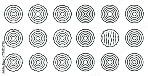 Tree rings outline icons set – linear, wood patterns, environmental symbolism