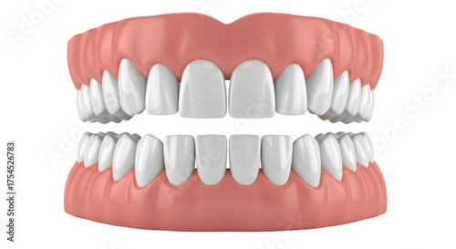 Isolated set of dentures, prosthetic teeth, or false teeth, full set on top and bottom jaws