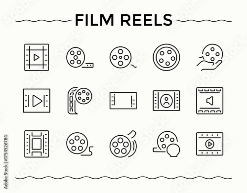 Film Reels icon set in linear style. Video related icon set. Thin icons set. Includes symbols for multimedia, cinema, movie, theater, video and more. Vector collections.