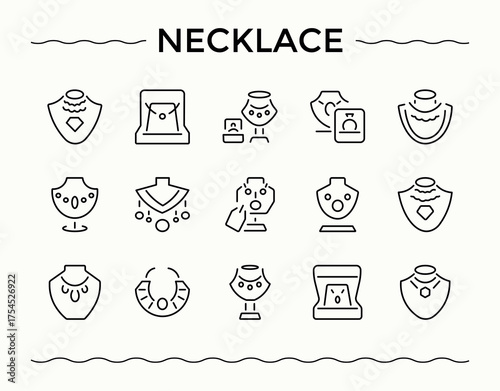 Necklace modern icon set. Minimal icons set. Contains outline symbols like love, ring, ass, jewelry, pendant. Pixel perfect. Editable vector. Ass modern icon set.