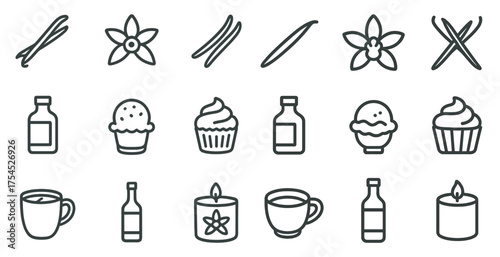 Vanilla and dessert outline icons set – sweet, linear, culinary elements