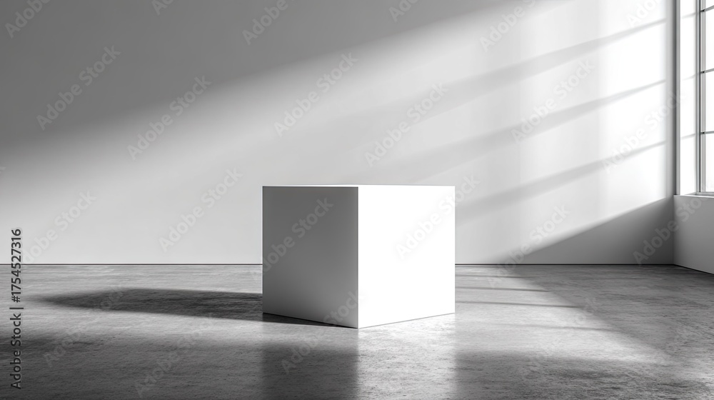 Fototapeta premium Minimalist white cube displayed in empty room with sunlight and shadow