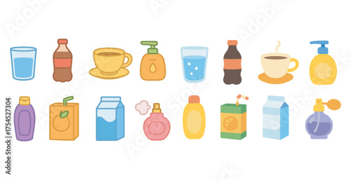 Beverage and bottle icons set – flat, filled, drink and packaging symbols