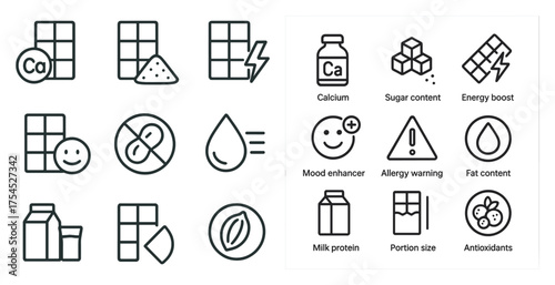 Nutrition facts line icons set – health, vitamin labels, dietary symbols