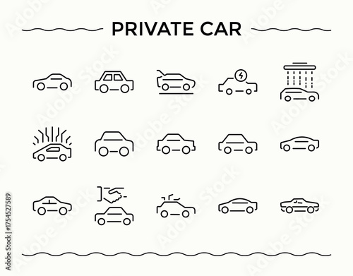 Private Car icon set. Minimalist editable vector stroke. Includes symbols for service, vehicle, part, parts, automobile. Editable stroke collections. Automobile icon set.