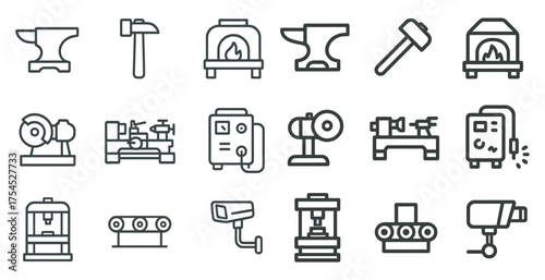 Industrial tools and equipment outline icons set – linear, machinery, workshop symbols