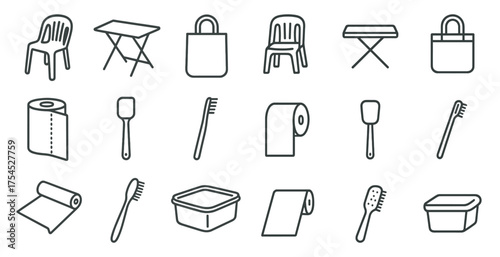 Household essentials outline icons set – linear, home, daily use symbols