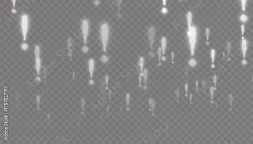 Falling particles in the shape of exclamation marks with a soft white glow. Vector light effect of exclamation marks for light and dark backgrounds.