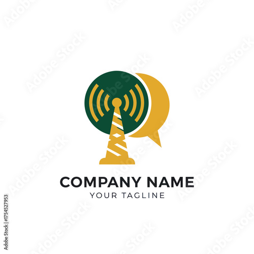 Telecommunication tower logo with signal waves and chat bubble icon.