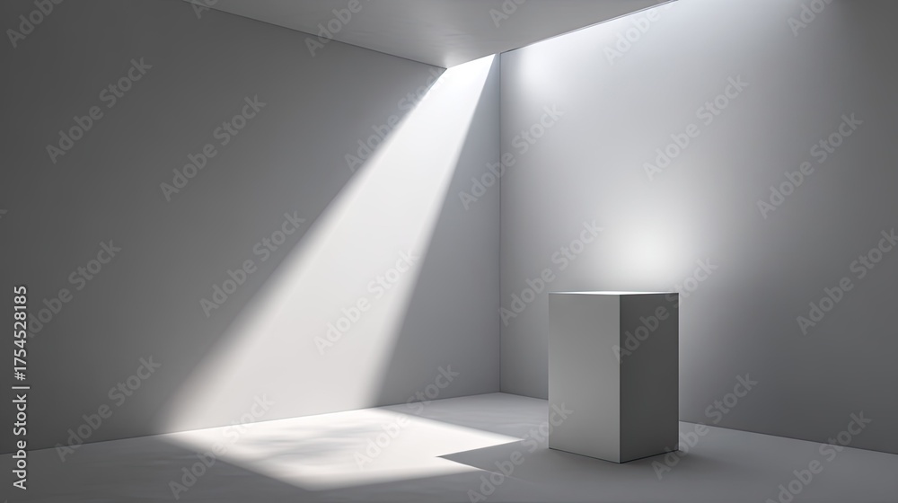Fototapeta premium Minimalist white room with dramatic sunlight and empty pedestal