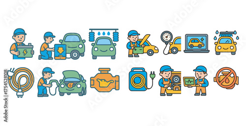 Automotive and repair icons set – outline, flat, car maintenance symbols