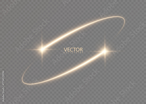 A golden glowing ring on an elliptical orbit with two starbursts and a soft glow on a transparent background. A vector swirl for luxury branding, beauty product headers, banners, and UI overlays.