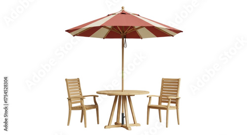 Isolated outdoor patio set featuring round table and two chairs with red and cream umbrella
