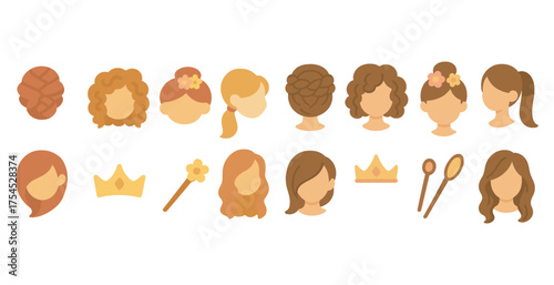 Hairstyle and accessories icons set – flat, silhouette, beauty and fashion essentials