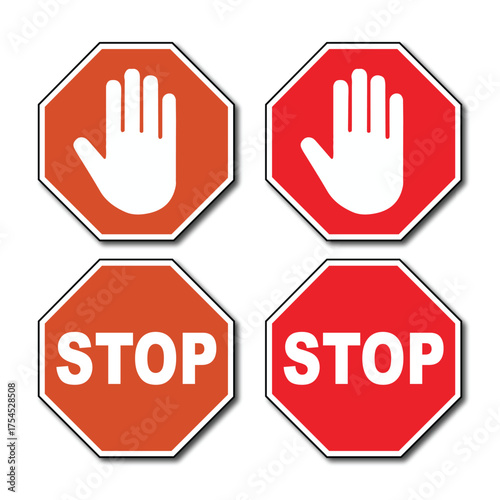 Red Octagon Stop Sign and Hand Symbol Vector Set