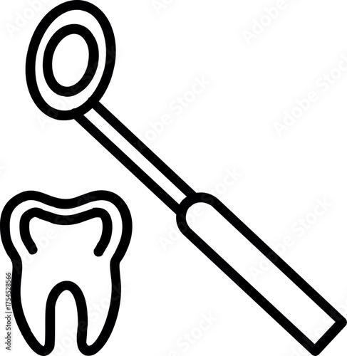 Dental mirror line icon. Tooth with dental mirror icon. Simple line drawing of a tooth and dental mirror