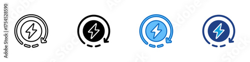 Energy Recycling Multiple Style Icon Design Vector - Circular arrow with power symbol representing renewable and recyclable energy flow system