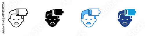 Low Energy Multiple Style Icon Design Vector - Tired person with a low battery symbol representing fatigue, exhaustion, or lack of energy