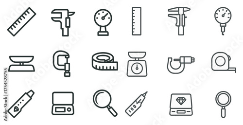Measurement tools icons set – outline, linear, instruments and precision symbols