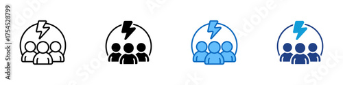Team Energy Multiple Style Icon Design Vector - Group of people with a lightning bolt representing teamwork, collective power, and motivation