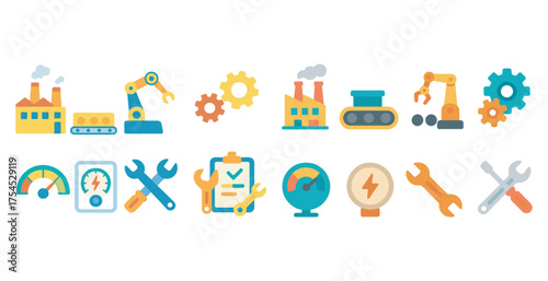 Manufacturing and industry icons set – flat, filled, factory and production symbols