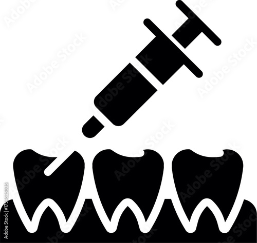 injection in tooth silhouette vectotr. Dental anesthesia icon of syringe injecting a tooth. Concept for oral surgery, pain relief, and anesthetic. 