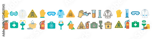 Science and safety icons set – flat, filled, hazard and precaution symbols