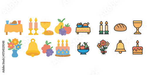 Jewish holidays flat icons set – festive, religious celebration symbols