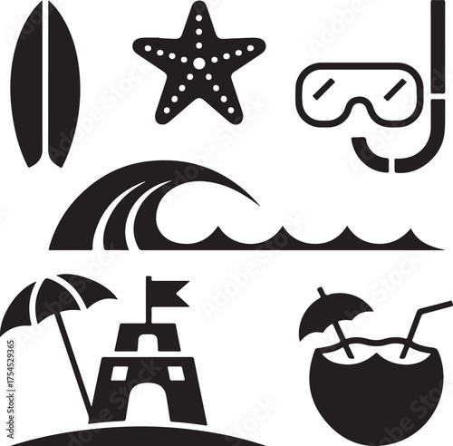 Vector Icons Representing Beach Vacation Activities and Symbols