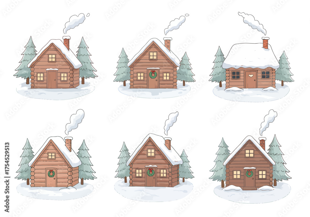 Fototapeta premium A set of 6 cute Christmas stickers featuring a cozy wooden winter cabin — small log cabin with Christmas wreath on the door, smoke coming from chimney, pine trees covered in snow, pastel tones