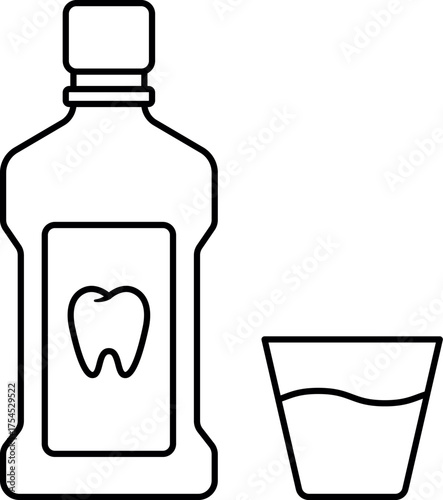 Mouthwash Bottle with cup. Mouth wash bottle outline. Vector of Dental hygiene products. mouthwash bottle and glass cup. 