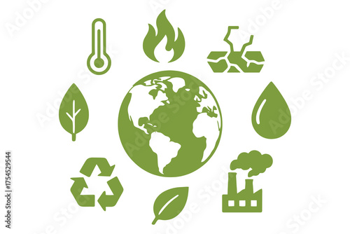 Green earth icons representing environmental issues and sustainability solutions