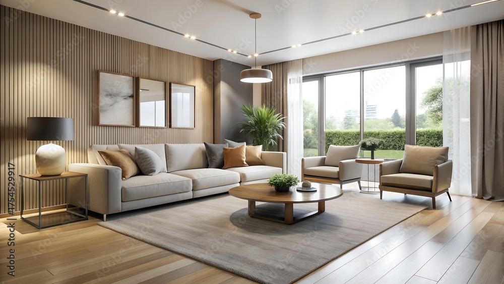 Fototapeta premium The image portrays a modern living room with stylish furniture and a neutral color
