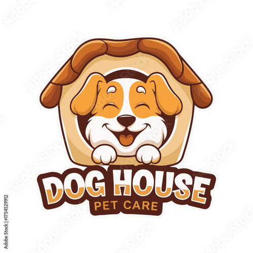 Cute dog in doghouse mascot logo design vector, pet care and animal clinic branding
