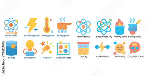Chemistry and science flat icons set – filled, atom and laboratory symbols