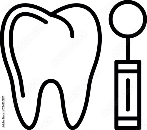 Line art vector of tooth and dental mirror. Outline of tooth and dental mouth mirror isolated on a white background. Dentistry design with tooth and dental mouth mirror icon. 