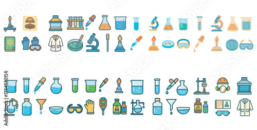 Science and chemistry outline icons set – linear, lab equipment and research graphics