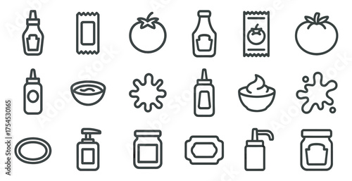 Food and sauces outline icons set – linear, silhouette, culinary and kitchen symbols