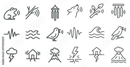 Natural disaster outline icons set – line, linear, emergency response symbols