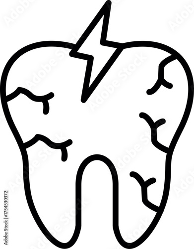 Toothache pain cracked tooth. Cracked tooth line icon. Broken molar representing dental problems, toothache, pain, enamel damage, decay, and caries. Toothache pain cracked tooth dental problem. 