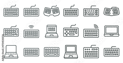 Computer and keyboard outline icons set – linear, flat, tech and gadget symbols