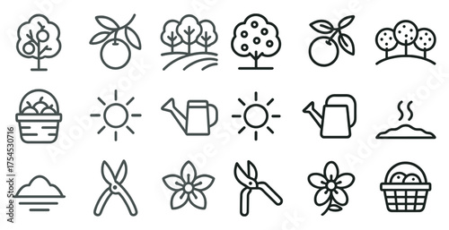 Gardening and nature icons set – line, outline, horticulture, plant symbols