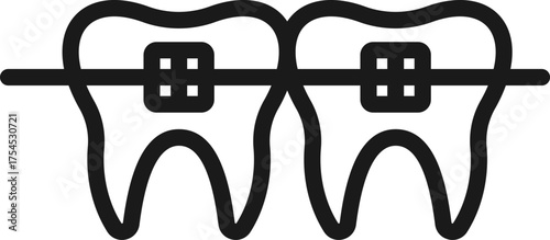Two teeth with braces in simple line art design, icon, vector. Two outline teeth are shown with braces attached to them on white. Modern two teeth with braces flat icon. Two teeth with braces. 