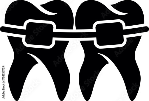 Two Tooth with brace silhouette vector. Orthodontic Treatment Icon with Two Molars in Braces. Two teeth with metal braces representing orthodontic treatment.