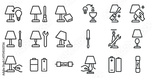 Lighting and home repair line icons set – outline, tools and maintenance symbols