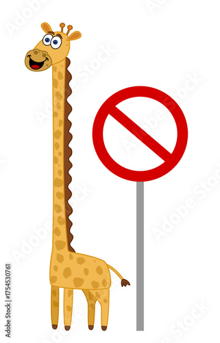 Cute giraffe on profile with prohibition sign on white background - vector