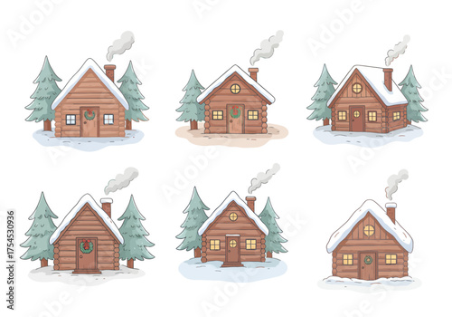 A set of 6 cute Christmas stickers featuring a cozy wooden winter cabin — small log cabin with Christmas wreath on the door, smoke coming from chimney, pine trees covered in snow, pastel tones