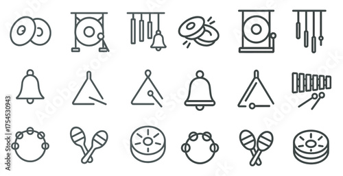 Musical instruments outline icons set – bell, triangle, percussion symbols