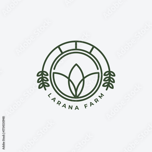 Elegant farm logo design featuring a stylized leaf motif and circular emblem, perfect for organic brands seeking natural appeal and modern sophistication.