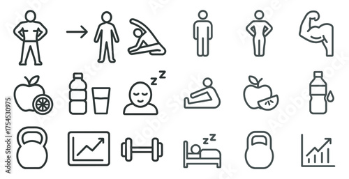 Fitness and health icons set – outline, linear, exercise and wellness symbols